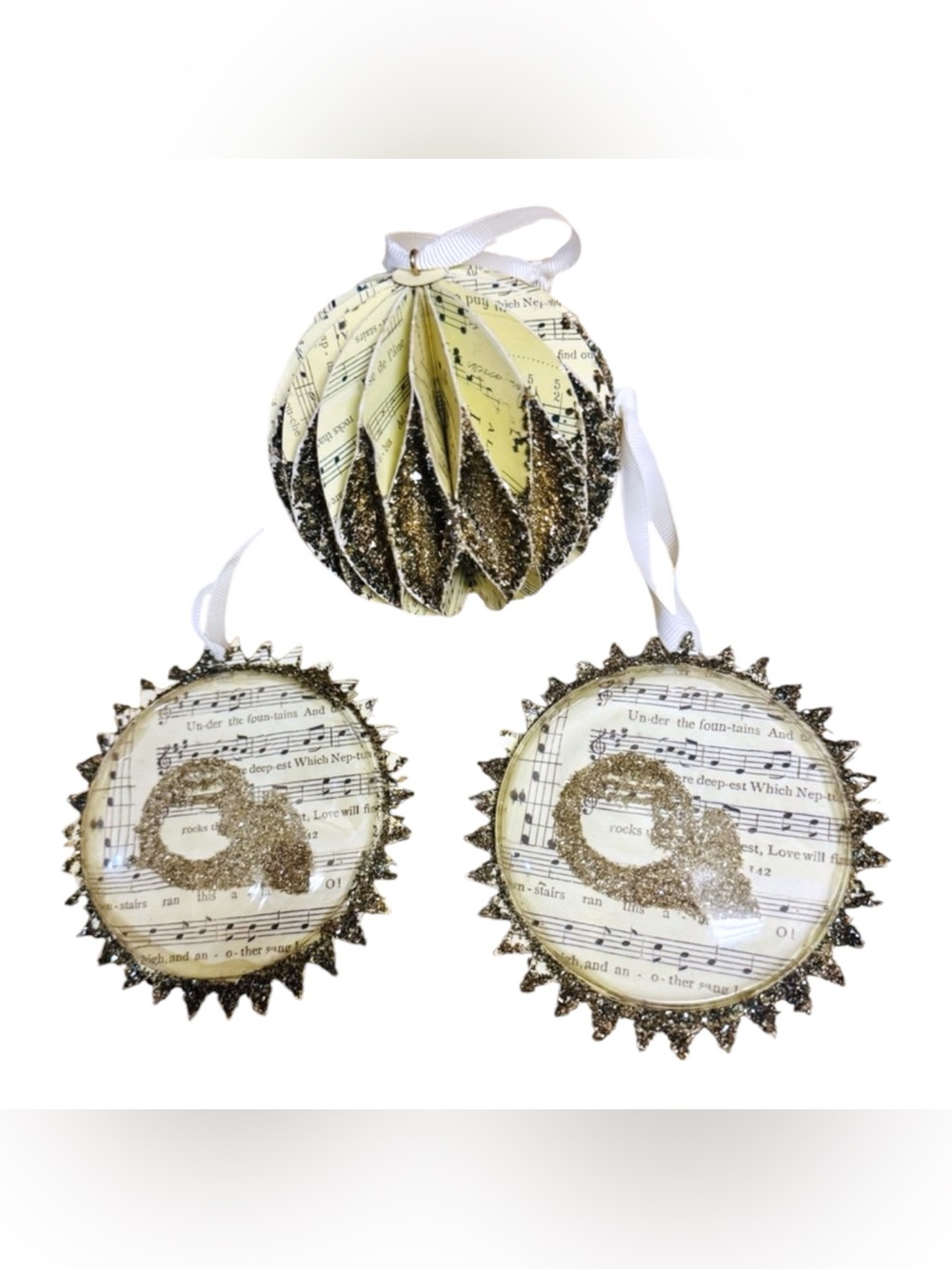 Pottery Barn 3 Pc Music Notes German Glitter Glass Domed Christmas Ornaments